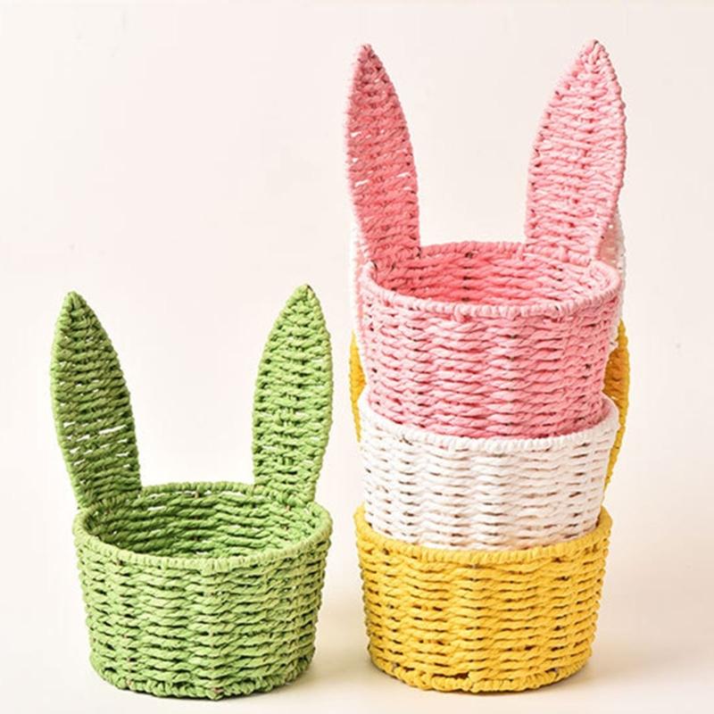 Handwoven Paper Rope Rabbit Ears Storage Basket With Iron Frame For Easter Decoration And Gift Packaging