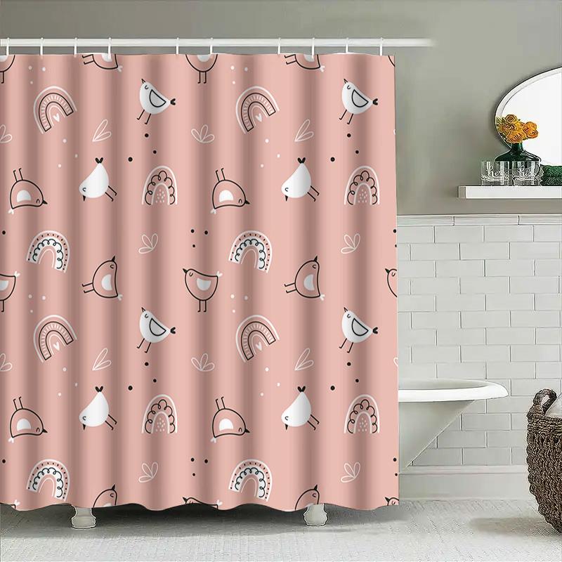 Charming Pink Shower Curtain With Soft White Patterned Birds And Rainbows For Bathroom Decorations Easy Hanging Hooks Included (