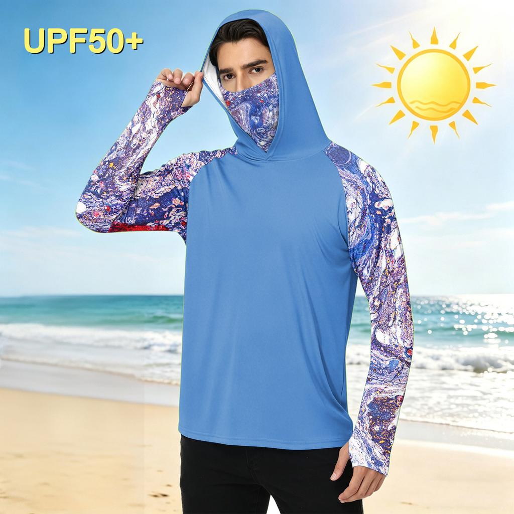 Men's Casual Outdoor Hooded Long Sleeve Sun Protection Shirt Tie Dye Print Lightweight Breathable Quick Dry Fabric