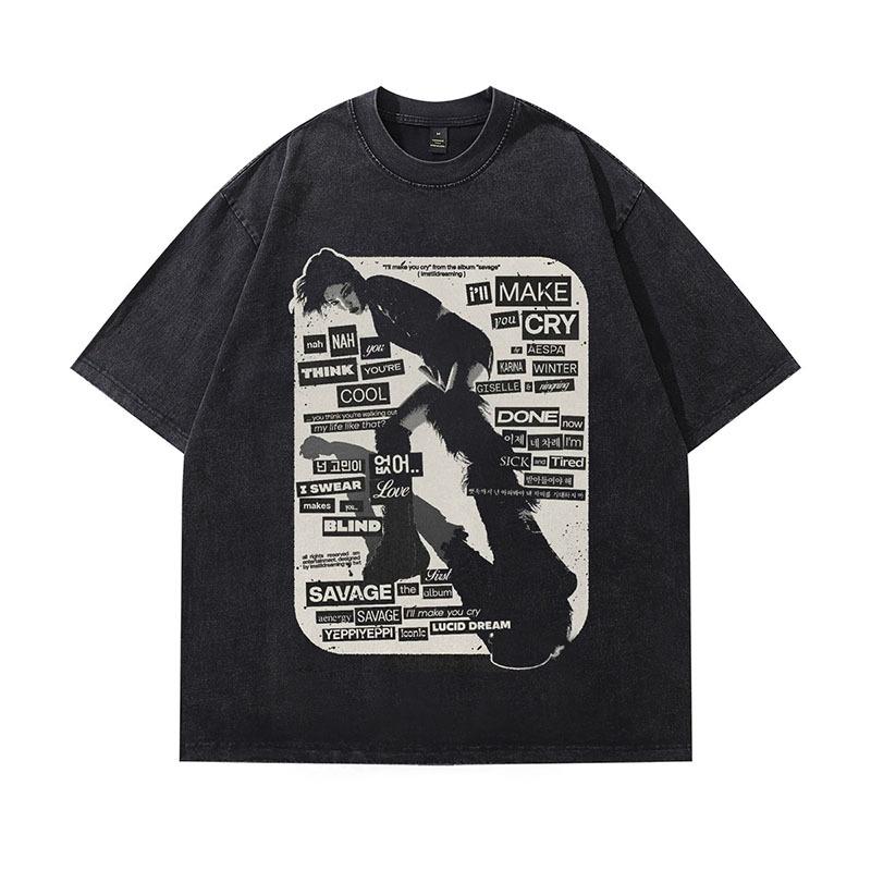 Trendy Brand Men'S Clothing American Vintage Retro Kpop Printing Heavy Cotton Washed Short-Sleeved T-Shirt Men And Women Trendy