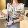 Frauen Sommer Sweety Navy Kragen Strickpullover T-Shirt Tops Kurzarm Knopf Volltonfarbe Gestreift Lose Weiß
