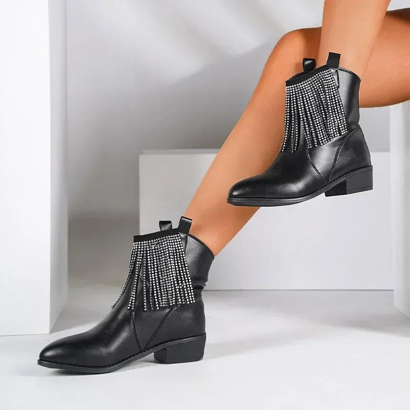 Wedge Low Heel Crystal Tassel Design Ankle Boots Women Pumps Pointed Toe Leather PU Chunky Heel Chelsea Boots Punk Boots