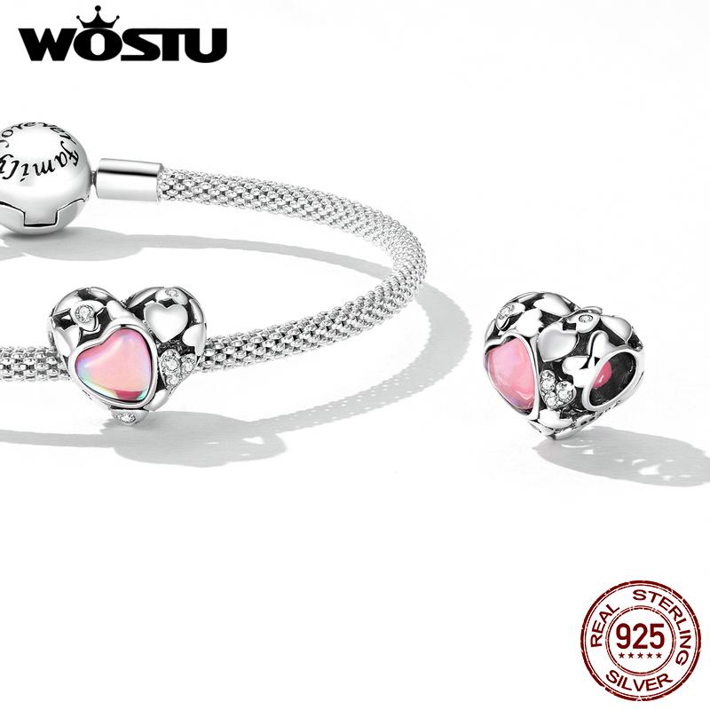 WOSTU 925 Sterling Silver Creative Hollow Hearts Charm Beaded Pendent Female Fit DIY Bracelet Bangle Jewelry Gifts