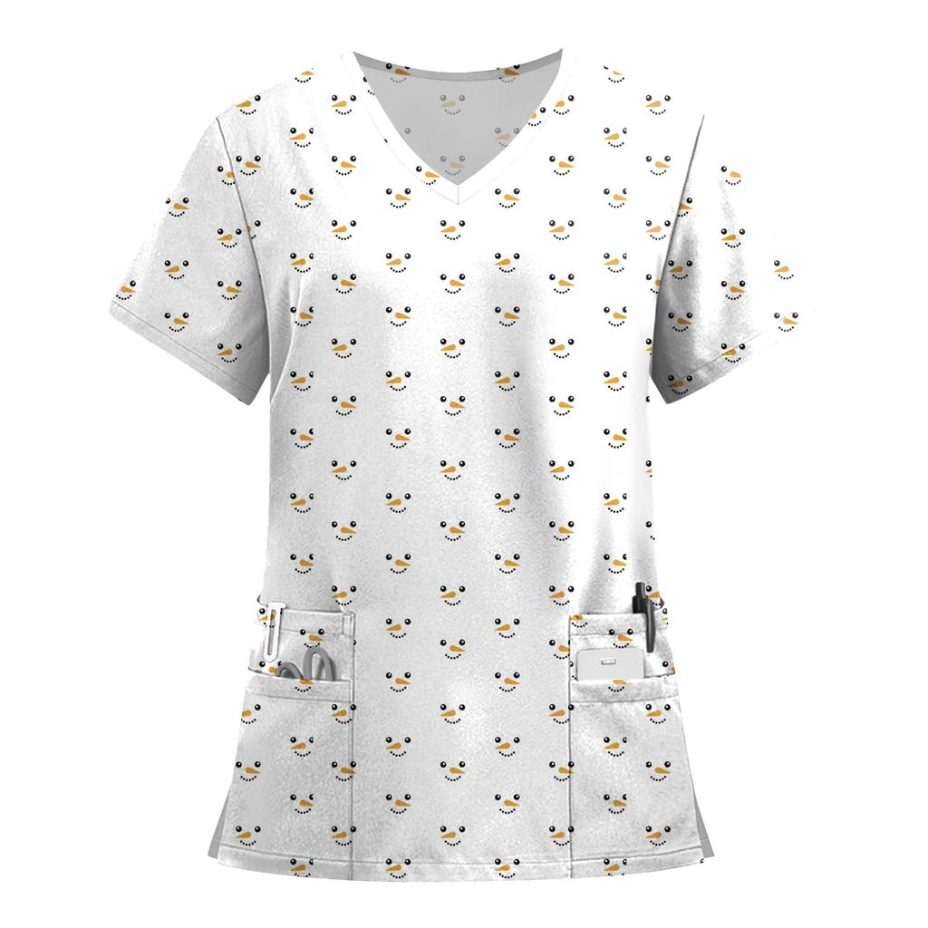Women's Fashion Printed Short Sleeve V Neck Pattern Tops Pocket Working T-shirts