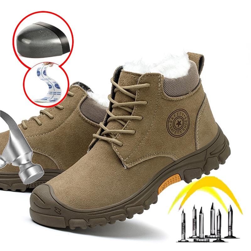 Imwete Steel Toe Work Safety Boot Men's High Top Anti Piercing Cotton Shoe Winter Thick Velvet Warm Safety Shoes Anti Smashing