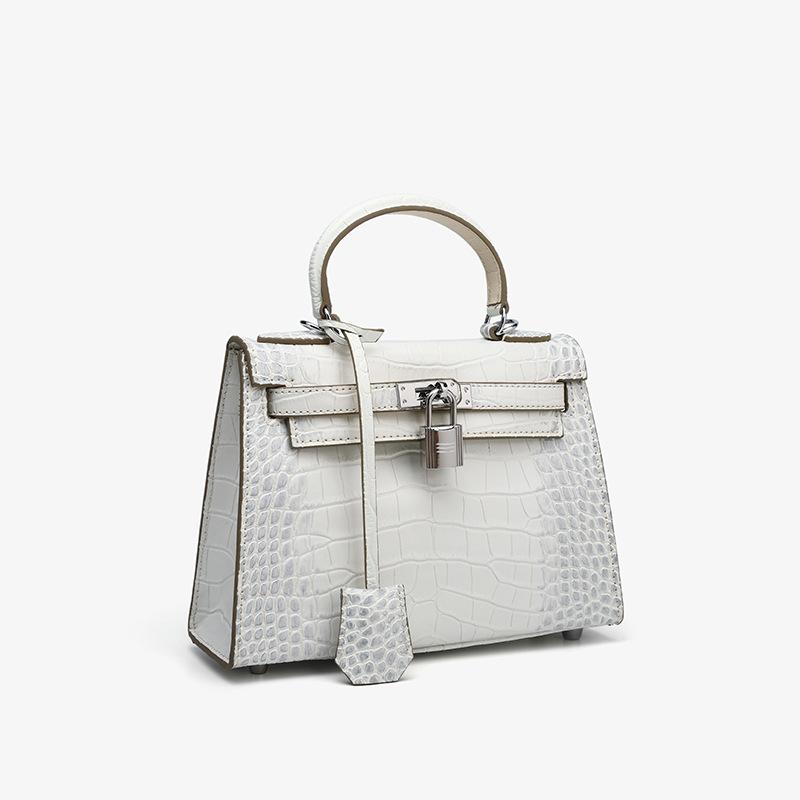 

High-end sense of light luxury, top layer cowhide crocodile pattern, hand-carried Kelli bag, niche contrasting color shoulder crossbody bag girl 22cm білий