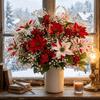 Realistic Artificial Poinsettia Bouquet Lush Leaves Poinsettia Berry Floral Bunch Dining Table
