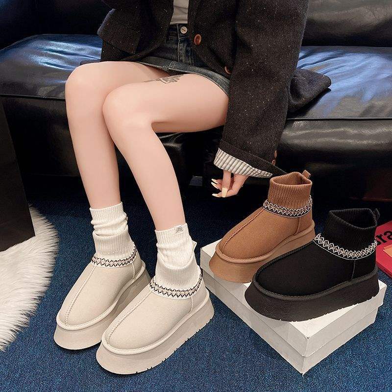 2025 νέα χειμερινά χοντρόσολα χιονιού με φλις επένδυση ζεστά μποτάκια χιονιού γυναικεία με φλις χοντρή μάλλινη επένδυση πλεκτά μποτάκια με μάλλινο στόμιο