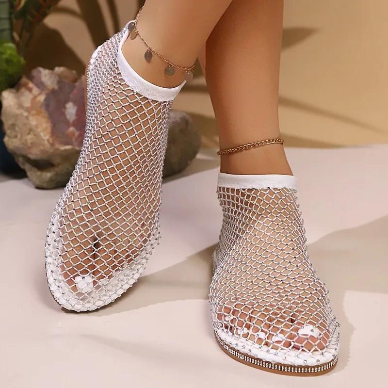 Women's Large Size Sandals Rhinestones One Kick Mesh Upper Flat Sole Shoes Women Leisure Breathable Roman New Sandalias De Mujer