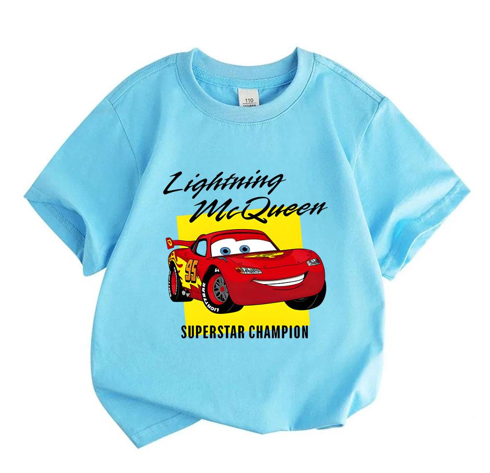 Kids Boys Girls Crew Neck Short Sleeve T-Shirt, 100% Cotton Casual Top with Cute Racing Car Superstar Champion Print, Comfortable Summer Tee for Daily