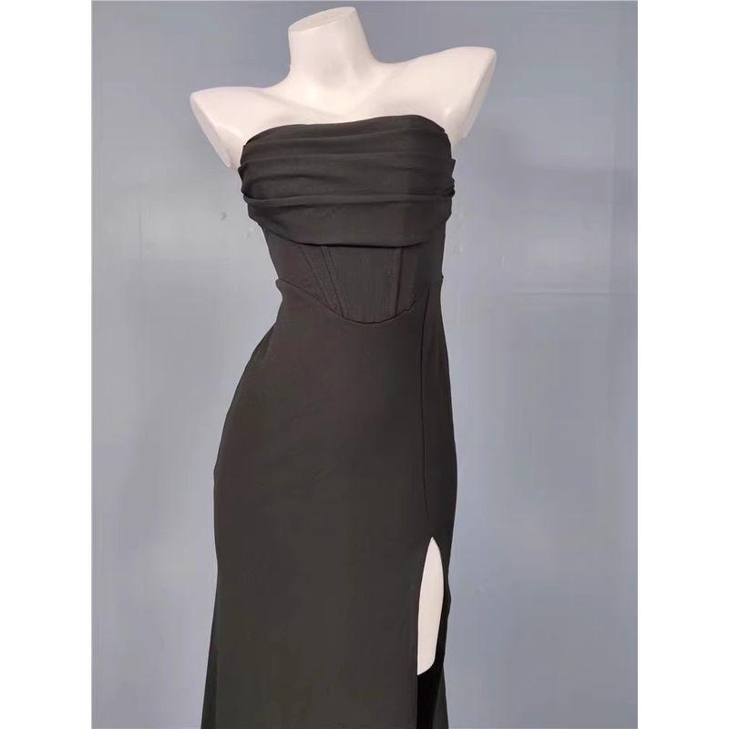 Foreign Trade Order Lu's Wrap-around Temperament Pleat Fishbone Body Shaping Waist Hugging Slimming Split Sheath White Party Dress