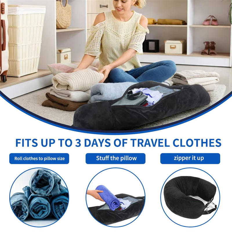 Travel Neck Pillow with Fillable Clothing U-Shaped Pillowcase Extra Storage Bag Velvet Neck Pillow Cover for Airplane Travel Take A Nap
