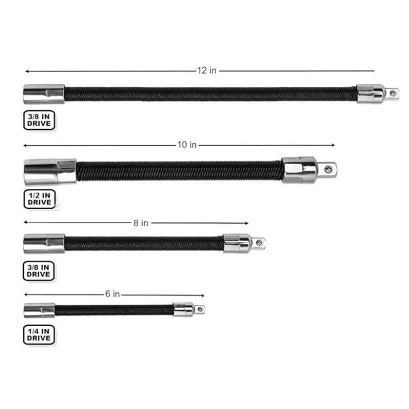 ABYN-Flexible Socket Extension Bar Set 1/2" 1/4" 3/8" Shaft Drive 12" 10" 8" 6" Flexible Socket Extension
