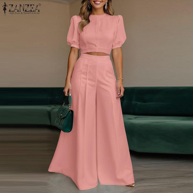 ZANZEA Women Short Sleeve Cropped Tops and Wide Leg Pants Two Piece Suit Sets