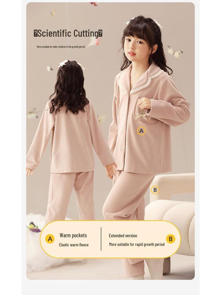Autumn Winter Rose Embroidered Fleece Pajamas for Girls - Anti-Static, Warm Homewear for Kids