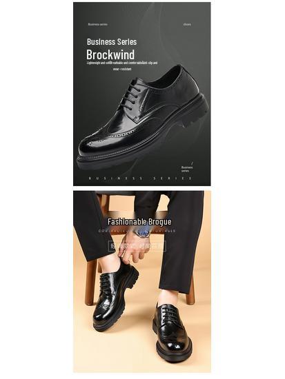 Men's Genuine Leather Formal Brogue Shoes - British, Thick-Soled, High-End Business Style, Top Layer Cowhide