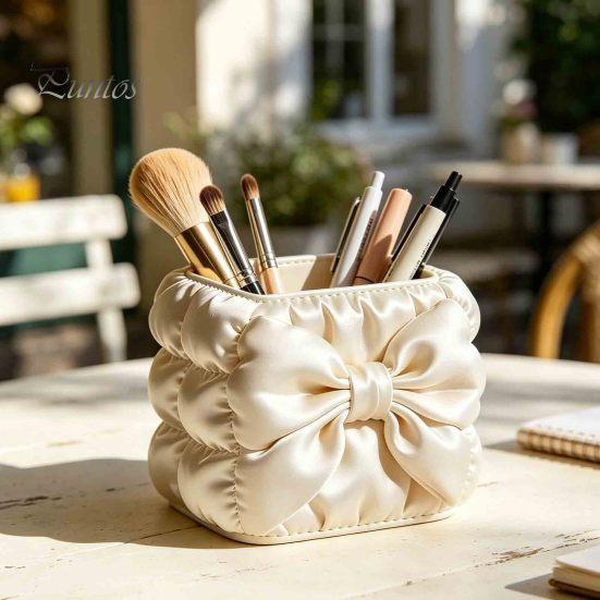 Tubular Pen And Brush Organizer Bow Holder, Silk Texture High-Density Case, Large Design Makeup Holder Capacity Elegant Organizer, for Desktop Storage