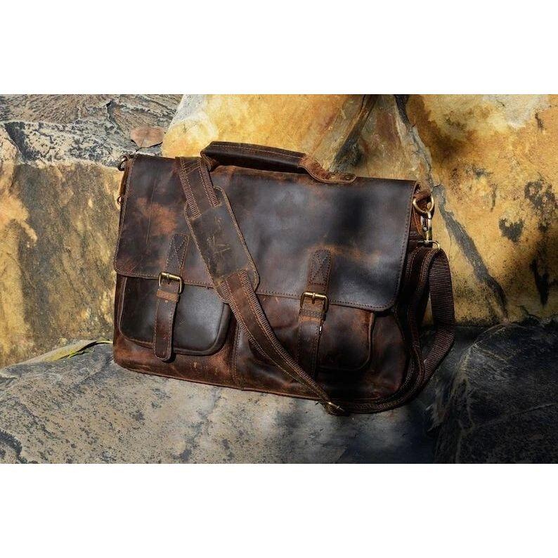 Premium Vintage Brown Leather Messenger Bag Shoulder Laptop Bag Briefcase