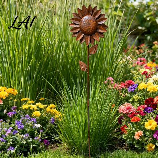 Decoratieve Tuinprikkers Metalen Zonnebloempaal Retro Roestige Bloemsculptuur Rustiek Artistiek Decor Ornament voor Buiten Tuin Terras Gazon Decoratie