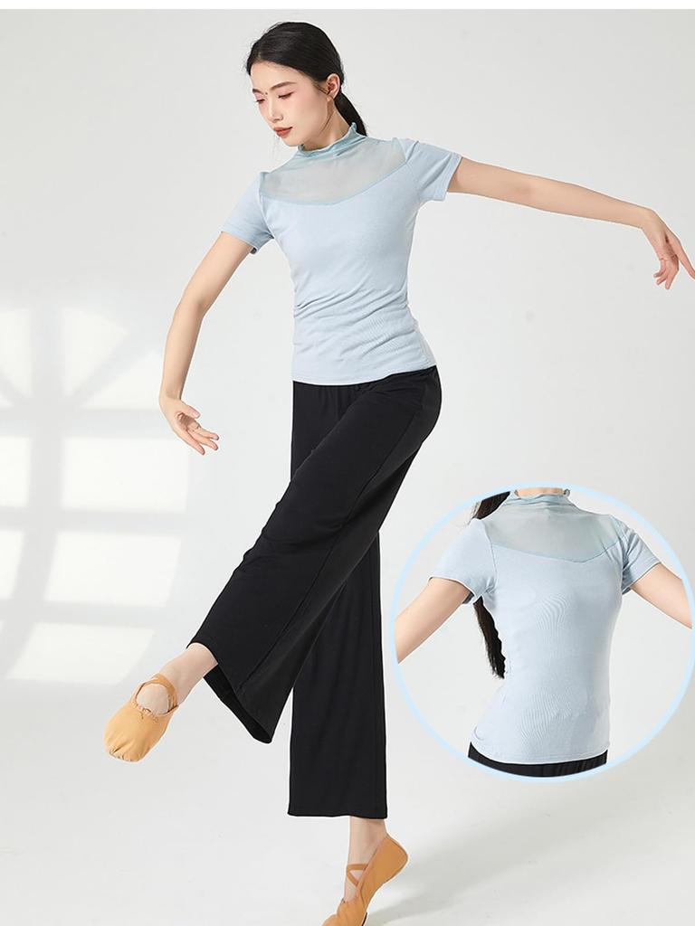 Yuoku Short Sleeve Ballet Dance Mesh Sheer High Neck Practice Classical Ballroom Elegant Dance Costume Women's Top, Collar, T-Shirt, Blouse,