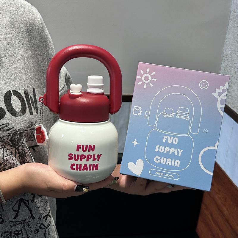 Water bottle carrying pot double drinking port large capacity straw portable girls belly cup space ton thermos cup temperature measurement portable