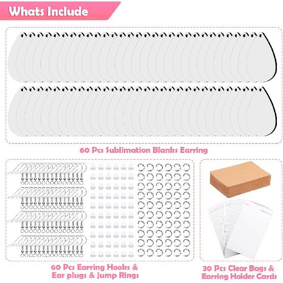 60 Pieces Sublimation Blanks Products, Modacraft Sublimation Blank Earrings with Earring Hooks Jump Rings Ear Plugs Holder Cards Bags for Jewelry DIY