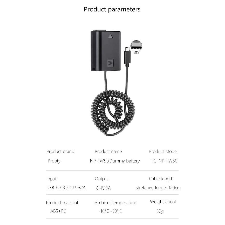 PD USB-C AC-PW20 NP-FW50 Dummy Battery Power Adapter For Sony ZV-E10 A7M2 A7II A7S2 A7R A7RII A6000 A6300 A6400 A6500