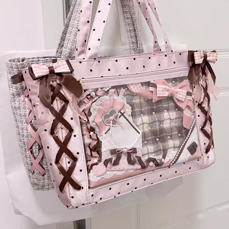 Cute Polka Dot Canvas Tote Bag Women Large Capacity Shoulder Bag With Lace Bow Ribbon Decor Casual School Use Commuter Tote Bag