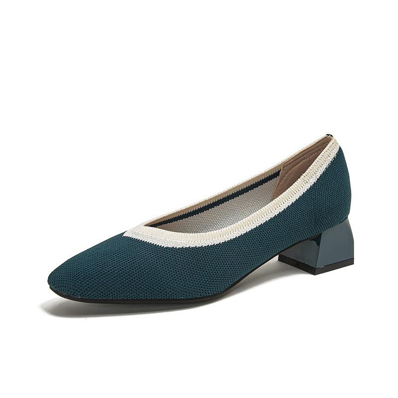 Strength Fashion Versatile Flying Knitting Comfortable Coarse Heel Pointed Small Square Head Knitted Women's Shoes