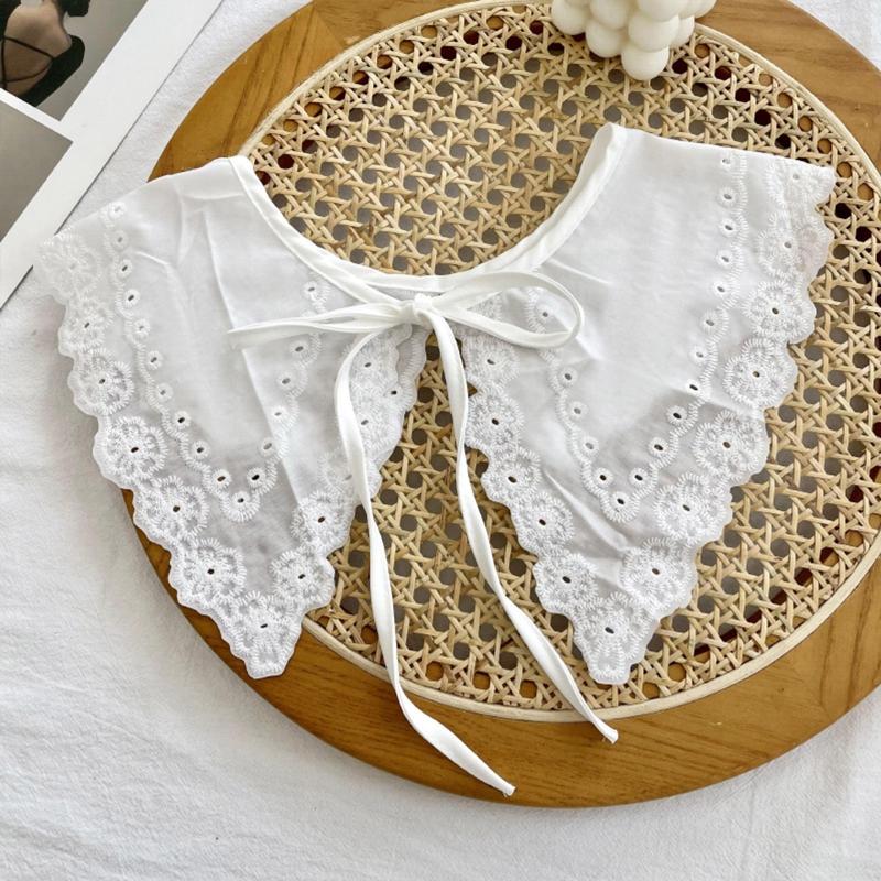 

Korean Women White Cotton Fake Collar Shawl Wrap Hollow Out Floral Fish Scales Necklace Scarf Embroidery Short Poncho Dropship