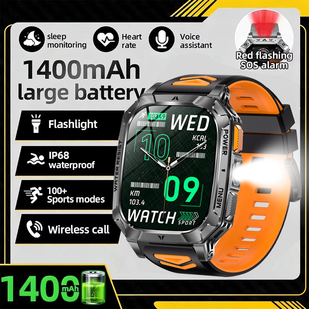 For Android iOS Watch Smart Call Sports Monitor Health Flashlight Waterproof IP68 Men Smartwatch Military Battery 1400 mAh New