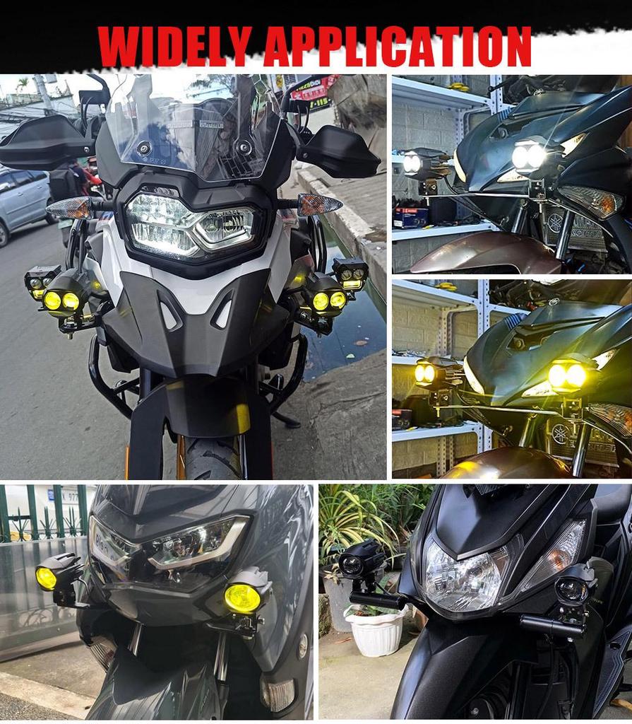 Motorcycle LED Spotlight Yellow-White Light: Super Bright Auxiliary Mini Driving Headlight for Electric Vehicles.