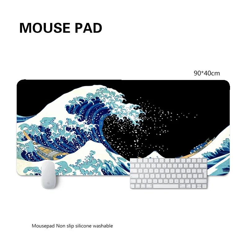 Large Anime Mouse Pad Xxl Gaming Mat Office Desk Carpet Blue Wave Custom Japan Mousepad Tablet Gamer Pc Table Mat 900x400