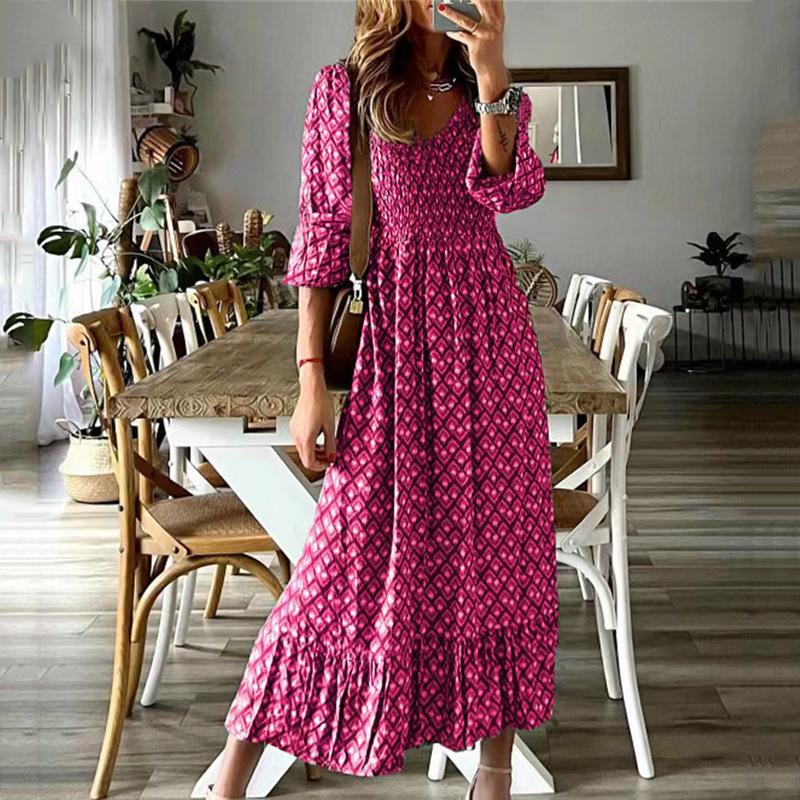 

2025 Европейское и американское летнее платье макси с V-образным вырезом и цветочным принтом, с дизайном, подчеркивающим талию Extra Large