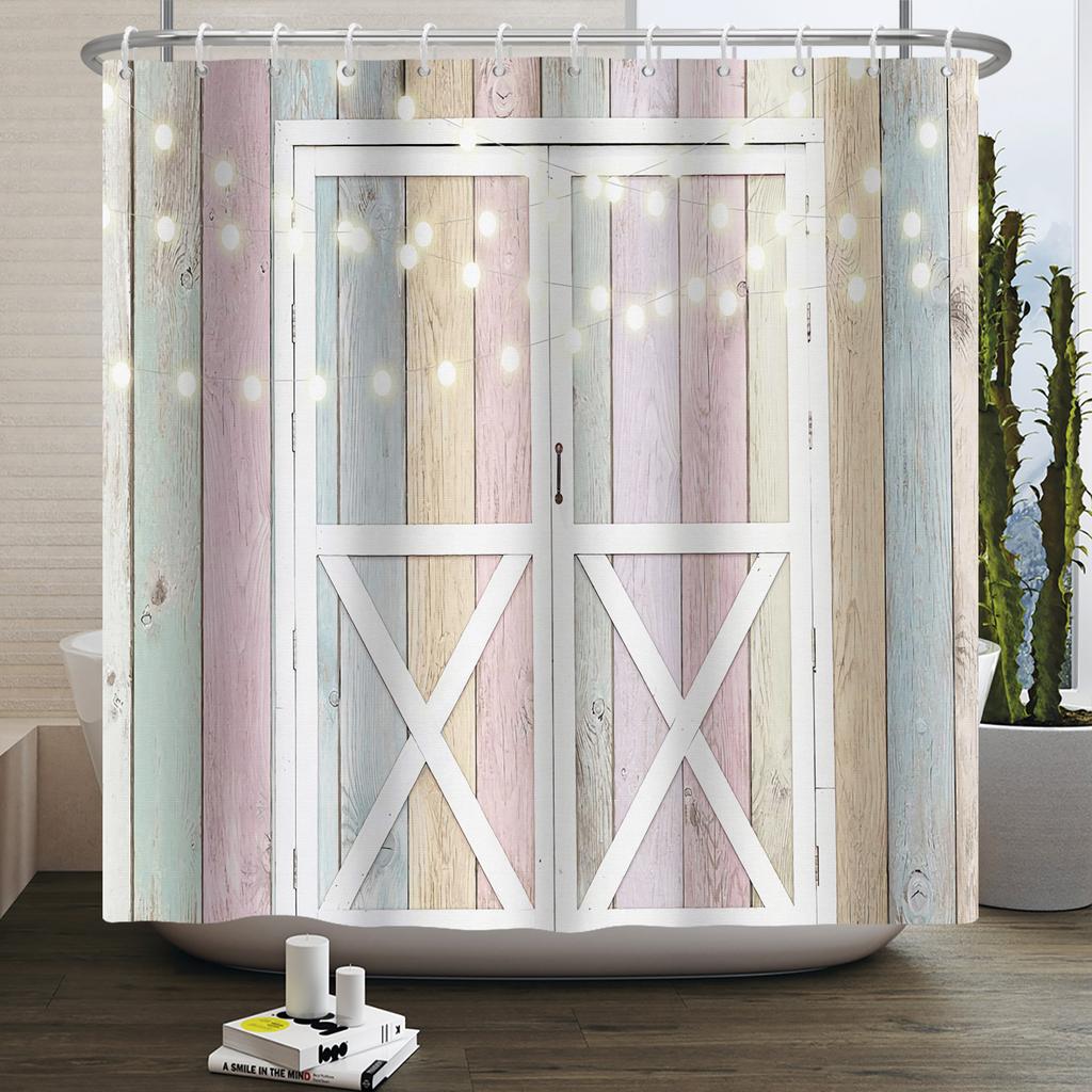Retro Wood Door Shower Curtain Farmhouse Country Vintage Farm Barn Wooden Waterproof Polyester Shower Curtain for Bathroom Decor