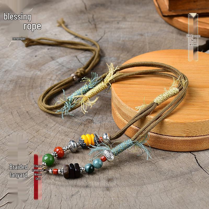Tibetan Handmade Silver & Sandalwood Pendant with Multi-Gemstones and Adjustable Cord Necklace
