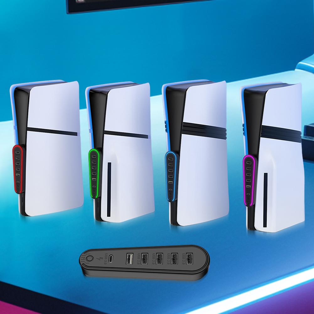 6 Ports USB Hub Charger Adapter Converter with RGB Light Expansion Hub Data Transfer Extender for PlayStation 5 Pro/Slim