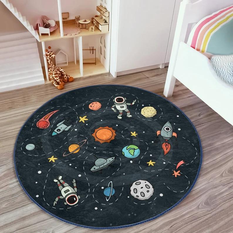 

Astronaut Space Round Rug 3D Optical Illusion Galaxy Carpet with Planets Stars Outer Space Area Rug for Modern Home Decoration 100cm