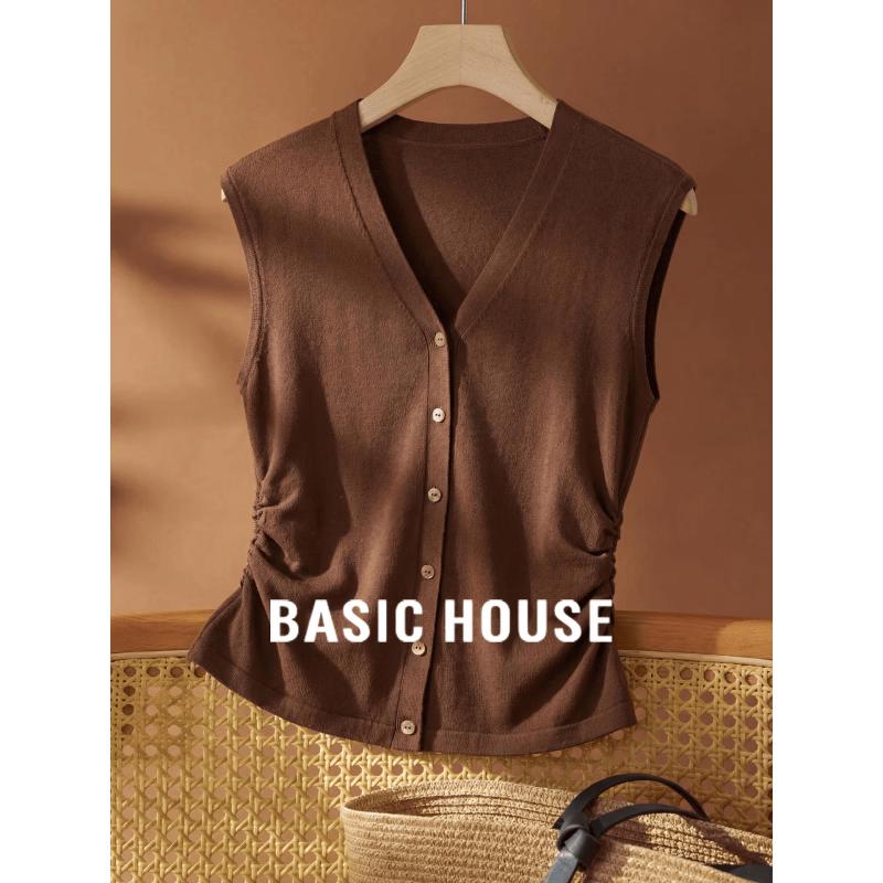 Basic House Women s 100% Tencel Sleeveless V-Neck Knit Cardigan L