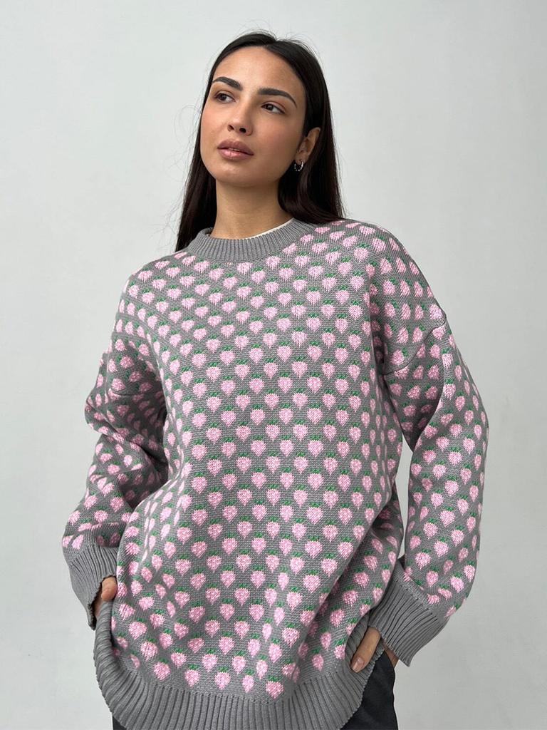 Strawberry Jacquard Sweater Women 2026 Fall Winter New Crew Neck Pullover Knit Top Loose Print
