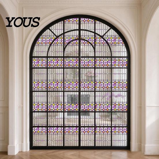 Easy Install Window Sticker Stained Glass Film, Retro Geometric Plaid Static Cling Privacy Decal, Double Non-Adhesive Film for Bedroom Sided