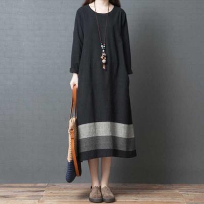 Damen Locker Retro Kontrastierend Baumwolle Leinen Langarm Freizeitkleid