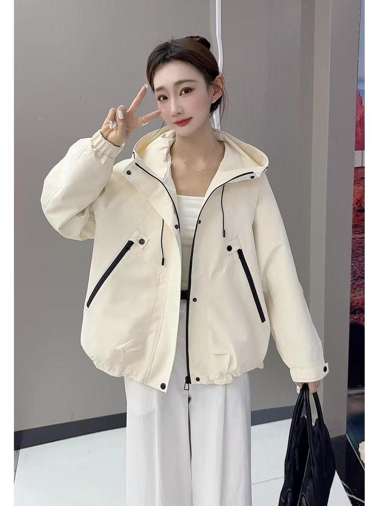 Geacă de vânt cu glugă pentru femei, croială largă - Stil coreean versatil, design scurt cu șnur pentru primăvară și toamnă