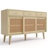 Mobile Organizzatore ad Ampio Spazio, Credenza, Cassettiera con 3 e Ante Scorrevoli, Intreccio in Rattan sulle Ante, Gambe in Legno Massello,