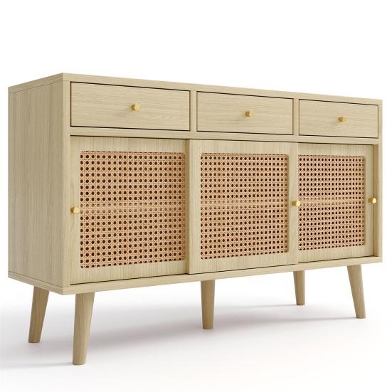 Mobile Organizzatore ad Ampio Spazio, Credenza, Cassettiera con 3 e Ante Scorrevoli, Intreccio in Rattan sulle Ante, Gambe in Legno Massello,