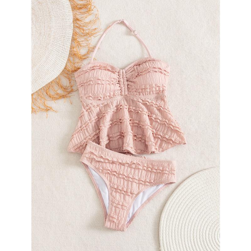 Framont Fashion House Hoge elastische geribbelde speciale gezicht meisjes tankini tweedelig set meisjes zwempak kinderzwempak 11-12Y