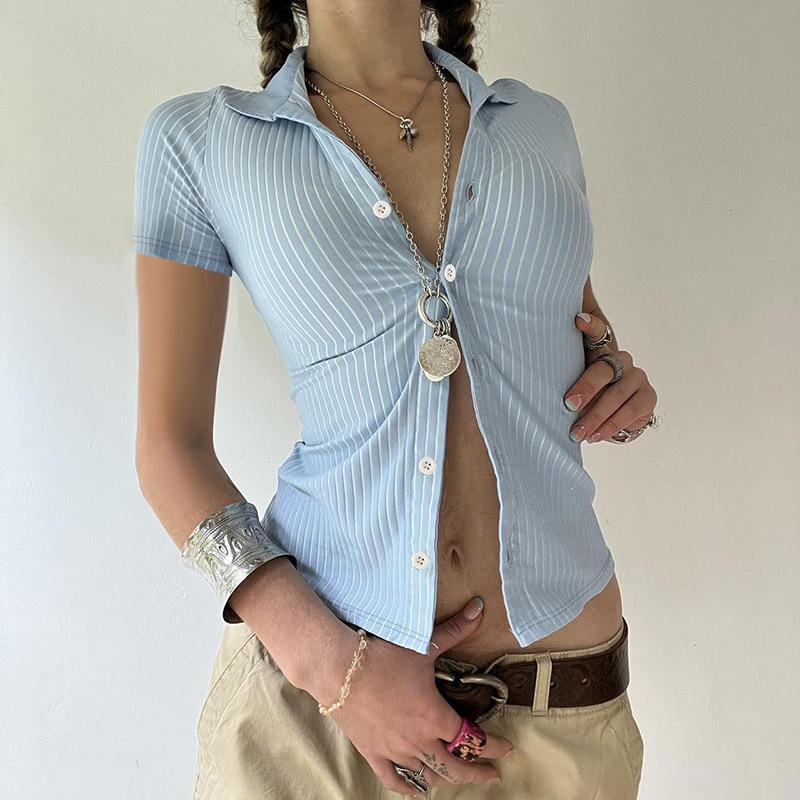 Striped Short-sleeved Shirt with Buttons Up and Down Collar Slim Simple Casual T-shirt