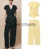 Lapel Sleeveless Linen Blended Drop Shoulder Vest 3132168 Ironing Stripe Pattern Mid Waist Pants 3136168