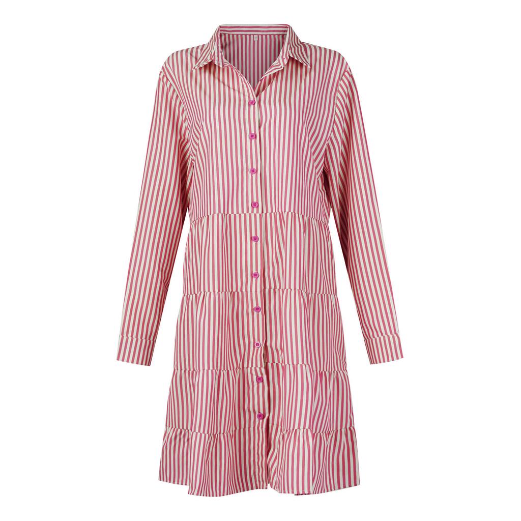 Y2K Women Striped Long Sleeve Mini Dresses Commuter Lapel Single-Breasted Shirt Dress Fashion Hem A-Line Party Dress