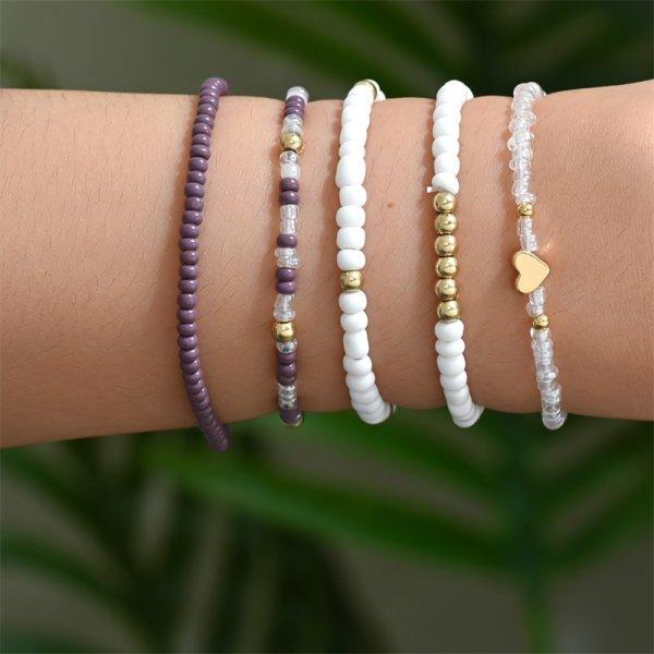 4 pièces/ensemble Bracelets Bohème Coquillage pour Femmes Style Ethnique Zircon Coloré Perles de Riz Chaîne Métallique Joncs Fille Été Bijoux de Plage